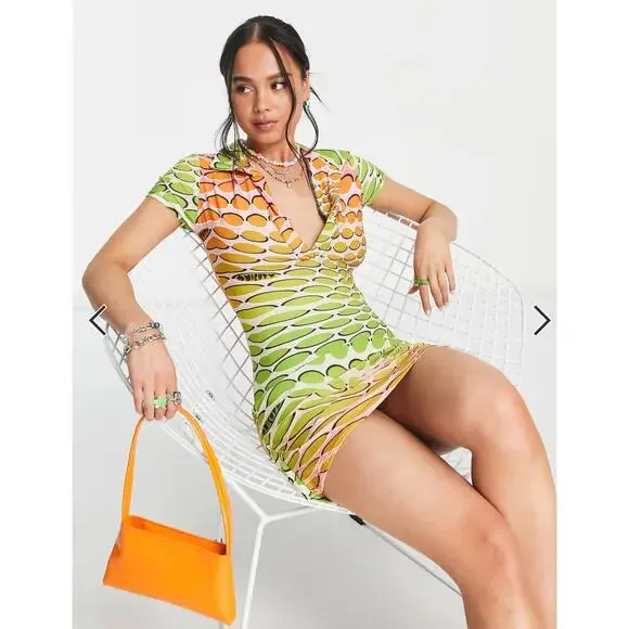 OMIGHTY Mini Dress Pink Green Psychedelic Polo Y2K Indie Sleaze Small - Picture 2 of 9